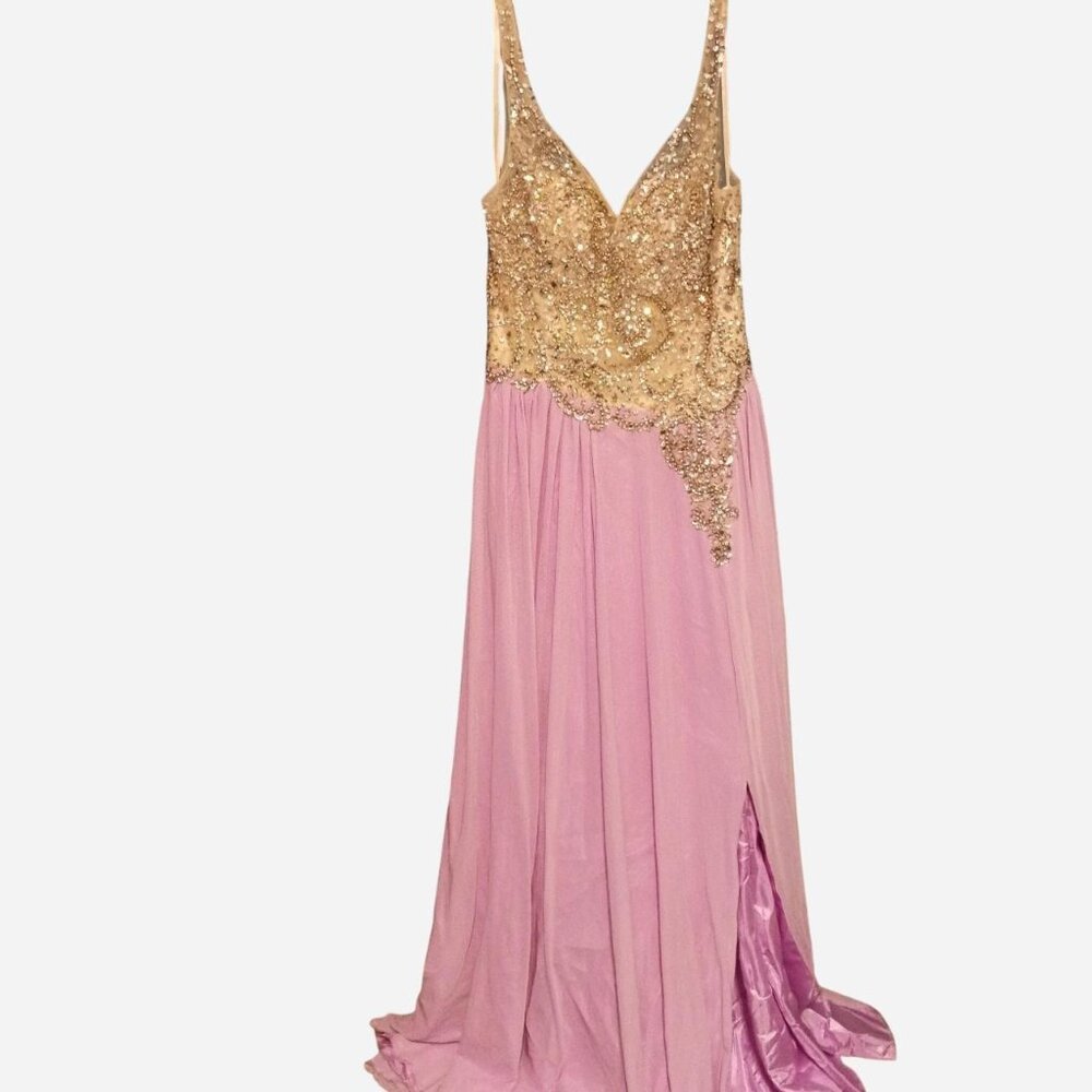 Purple, silver and gold F-I-E-S-T-A Fashion prom/quinceanera dress.